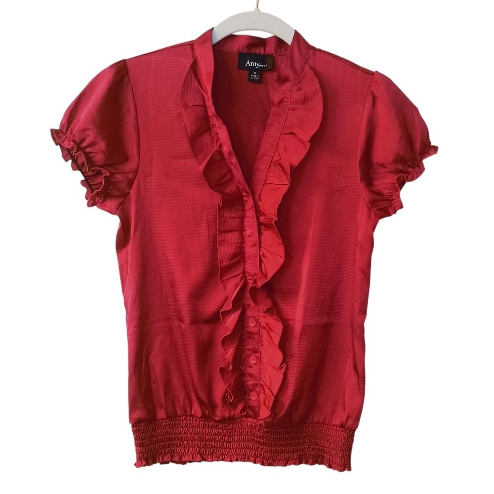 Women's Amy Wear Red Ruffle Short Sleeve Blouse Size Small